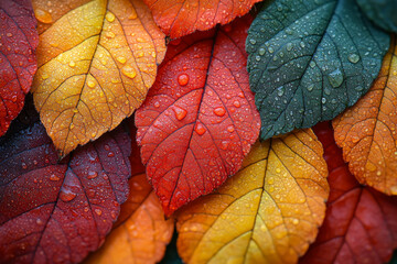 Obraz premium Close-up of vibrant autumn leaves with dew drops.