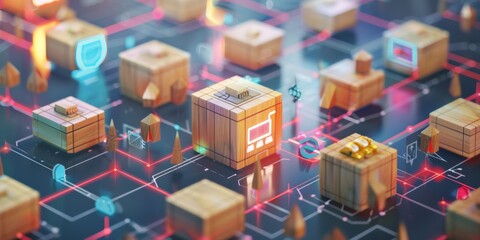 Network of store icons connected on wooden blocks, symbolizing franchise and e-commerce business. Perfect to illustrate online business concept, sales technology concept.