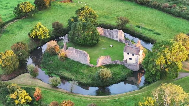Aerial clip of Stogursey Castle near Bridgwater in Somerset, England, United Kingdom, Europe