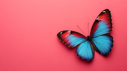 red and blue butterfly side on of the artboard, copy for text, pink background