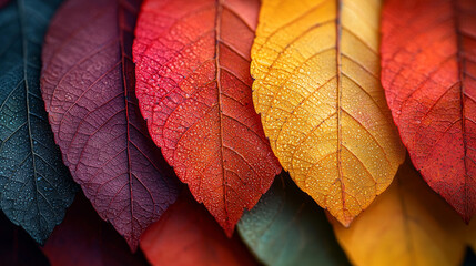 Obraz premium A close-up of vibrant autumn leaves, glistening with dew.
