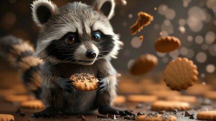 Obraz premium A raccoon eating a cookie.