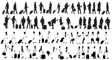 collection of Business people with luggage silhouette full isolated on white