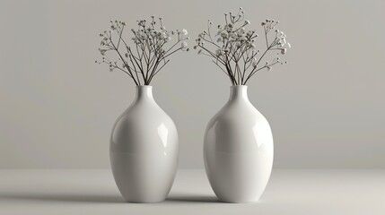 Two white vases with white flowers on a white background.