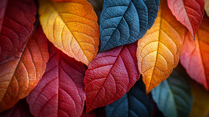 Obraz premium Close-up of vibrant autumn leaves in reds, oranges, and blues.