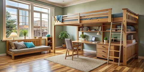 Fototapeta premium A sturdy solid wood loft bed in this spacious room provides ample restful space, complemented by a desk,