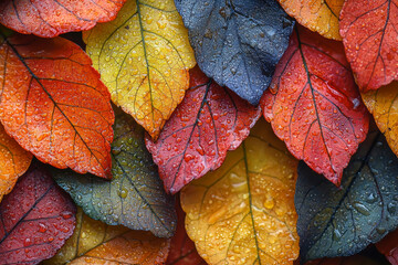 Autumn leaves in vibrant colors with water droplets.