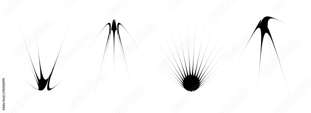 Poster Black thin spiky thorn element set. Abstract sharp shapes and angular sparks bundle. Futuristic spokes objects for poster design, collage, banner, badge, logo, card, icon, label, sticker. Vector