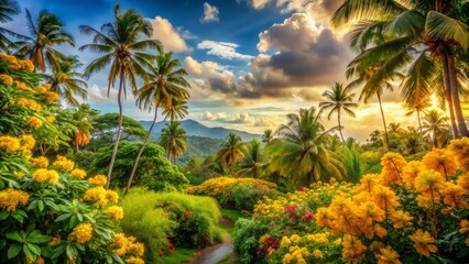 Fototapeta premium A tropical oasis, where verdant foliage and sunshine-bright flowers converge, wrapped in warm, inviting tones of