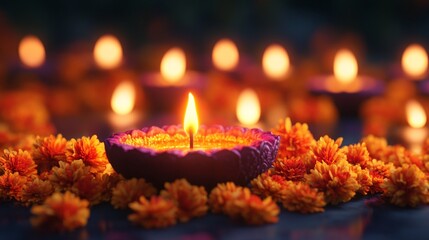 Diwali diya oil lamps with flowers holiday background. Creating a festive and decorative composition.
