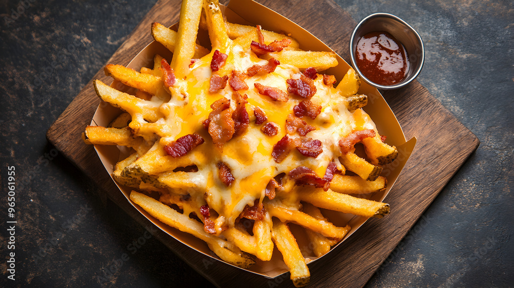 Wall mural Delicious loaded fries topped with crispy bacon and melted cheese served in a disposable tray creating an enticing culinary treat perfect for sharing