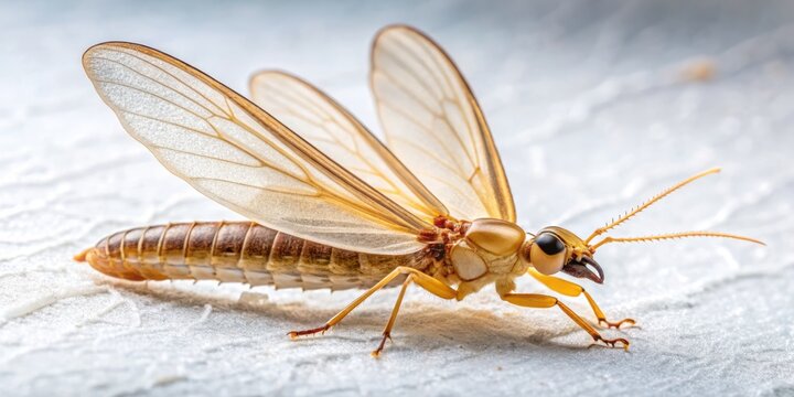 A winged termite relaxes on a pristine white surface, its delicate wings folded neatly against its segmented body,