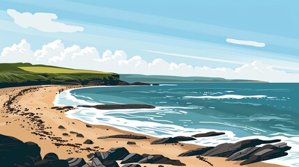 Obraz premium An illustration of a sandy beach with ocean waves and a cliff in the distance.