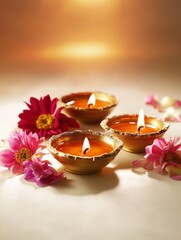 Diwali diya oil lamps with flowers holiday background. Creating a festive and decorative composition.