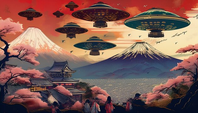 UFOs flying in formation over Kumamoto Castle during the Edo period.