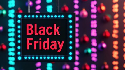 Colorful Black Friday sign with bright lights, representing shopping excitement and great deals during the holiday season.