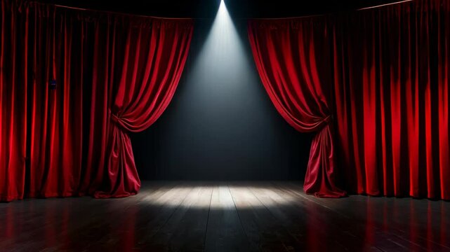 Dimly lit theater interior. Empty wooden stage illuminated by bright spotlight. Rich red velvet curtains frame either side. Dark backdrop creates depth.