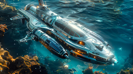 Obraz premium Fantasy futuristic submarine sails underwater