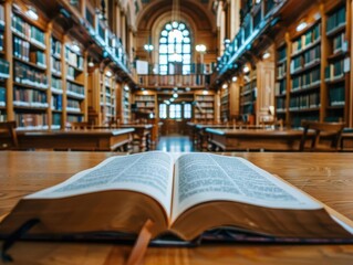 An open book on a table, with a stunning library backdrop showcasing rows of shelves and an elegant architectural design.