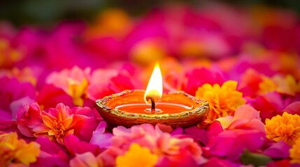 Diwali diya oil lamps with flowers holiday background. Creating a festive and decorative composition.