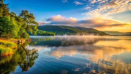 Canadianigua Lake's calm surface mirrors the misty fog drifting above distant hillsides, where lush greenery wraps