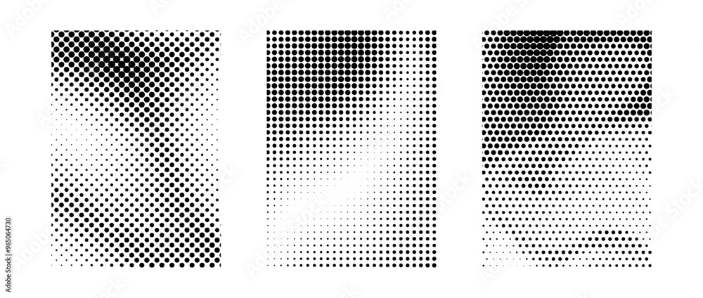 Poster grunge halftone gradient set. black grit sand noise texture collection. retro dotted pixel backdrop 
