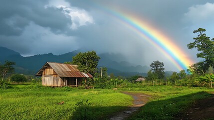 Rainbow Over a Rural Cottage in a Lush Landscape