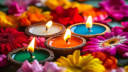Diwali diya oil lamps with flowers holiday background. Creating a festive and decorative composition.