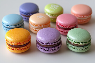 Obraz premium Colorful macarons arranged on a white surface.