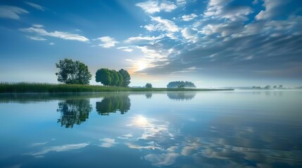 A peaceful, tranquil scene of a lake reflecting the clouds and sky.
