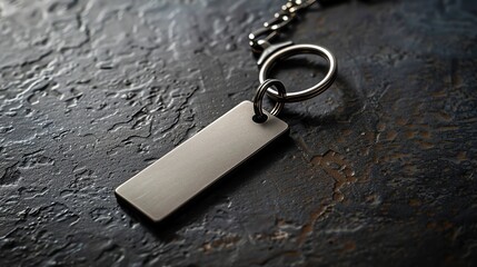 A silver blank key chain tag on a black textured background.