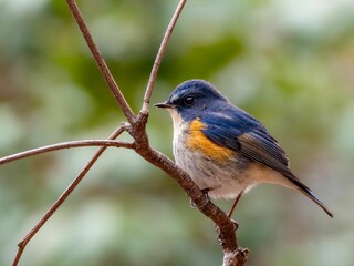 森の中の木陰で枝に留まって周りを見渡しているルリビタキの雄