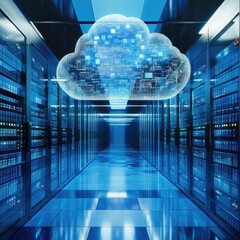 Futuristic data center showcasing cloud technology with digital connections and server racks illuminated in blue tones.