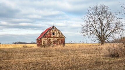 Obraz premium A weathered red barn stands alone in a field of brown grass, with a bare tree to the right.