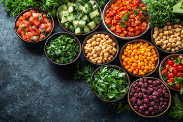 Fototapeta premium Colorful bowls of fresh ingredients ready for a delicious salad.