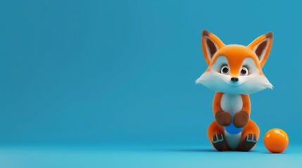Fototapeta premium A cute cartoon fox sitting on a blue background with a blue ball and an orange ball.