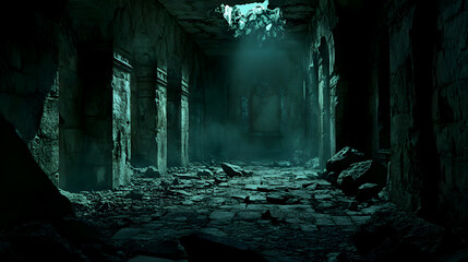 dark, mystical temple chamber, with ancient stone walls and a hole in the ceiling where rocks fall