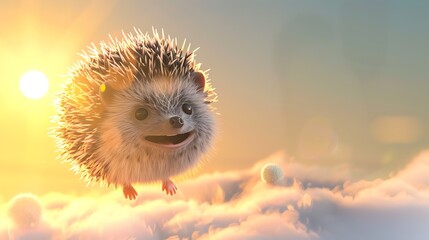 A cartoon hedgehog smiles while floating in the clouds.