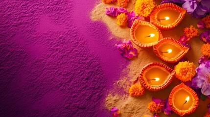 Naklejka premium Diwali diya oil lamps with flowers holiday background. Creating a festive and decorative composition.
