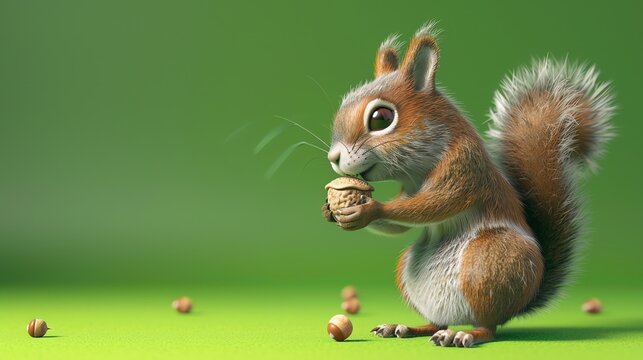 A cute cartoon squirrel holding a nut in front of a green background.