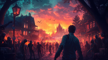 Obraz premium A zombie invasion during a public festival, with the undead mingling among celebrants.
