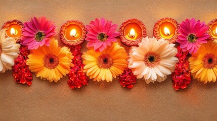 Diwali diya oil lamps with flowers holiday background. Creating a festive and decorative composition.