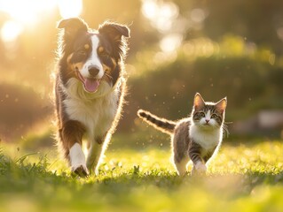 Obraz premium Happy australian shepherd dog walking with a cute cat on a green field with natural sunlight - ai