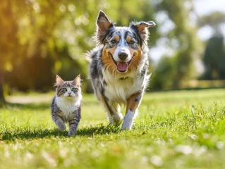 Happy australian shepherd dog walking with a cute cat on a green field with natural sunlight - ai © nelzajamal