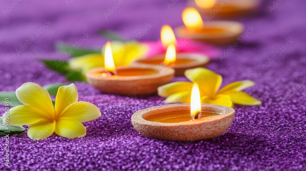 Wall mural diwali diya oil lamps with flowers holiday background. creating a festive and decorative composition