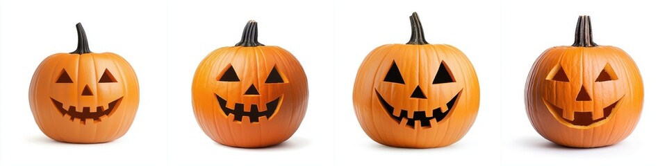 A collection of four carved Halloween pumpkins with various spooky and cheerful expressions, perfect for festive decor.