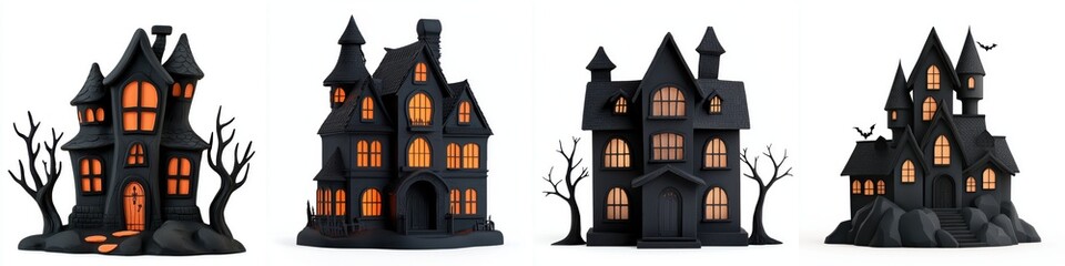 A collection of spooky black houses with glowing windows, perfect for Halloween themed designs and illustrations.