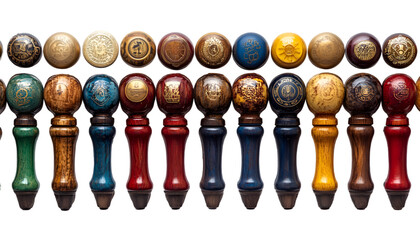  A selection of wooden beer taps in various colors, lined up neatly, each offering a unique and inviting appearance.