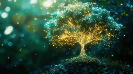 Obraz premium Glowing Ethereal Tree in Fantasy Forest Landscape with Shimmering Bokeh Lights
