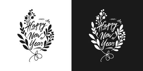 Abstract text calligraphy Happy New Year decorated with natural ornaments